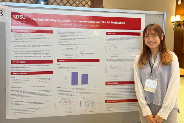 Student standing next to her research presentation poster at a conference