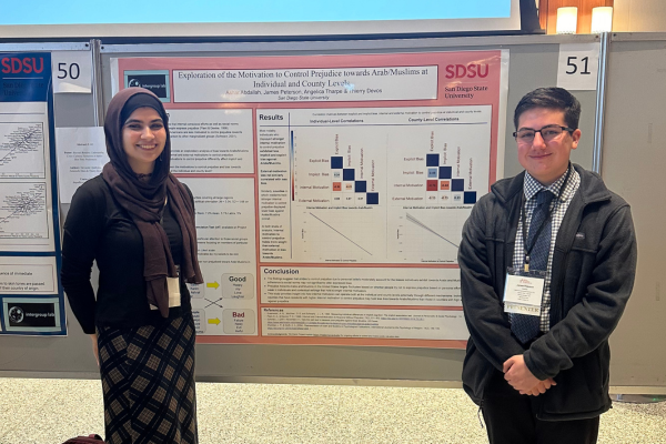 Two students standing next to their research presentation poster at a conference