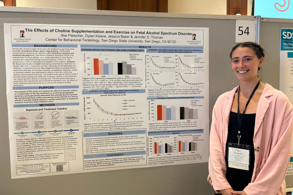 Student standing next to her research presentation poster at a conference