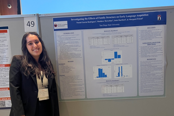 Student standing next to her research presentation poster at a conference