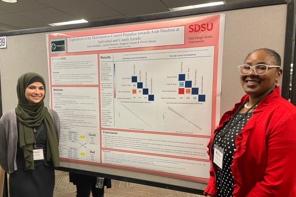 Two female students standing next to their research presentation poster at a conference