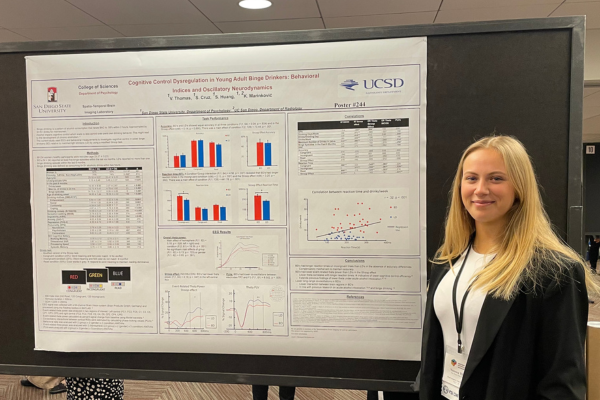 Student standing next to her research presentation poster at a conference